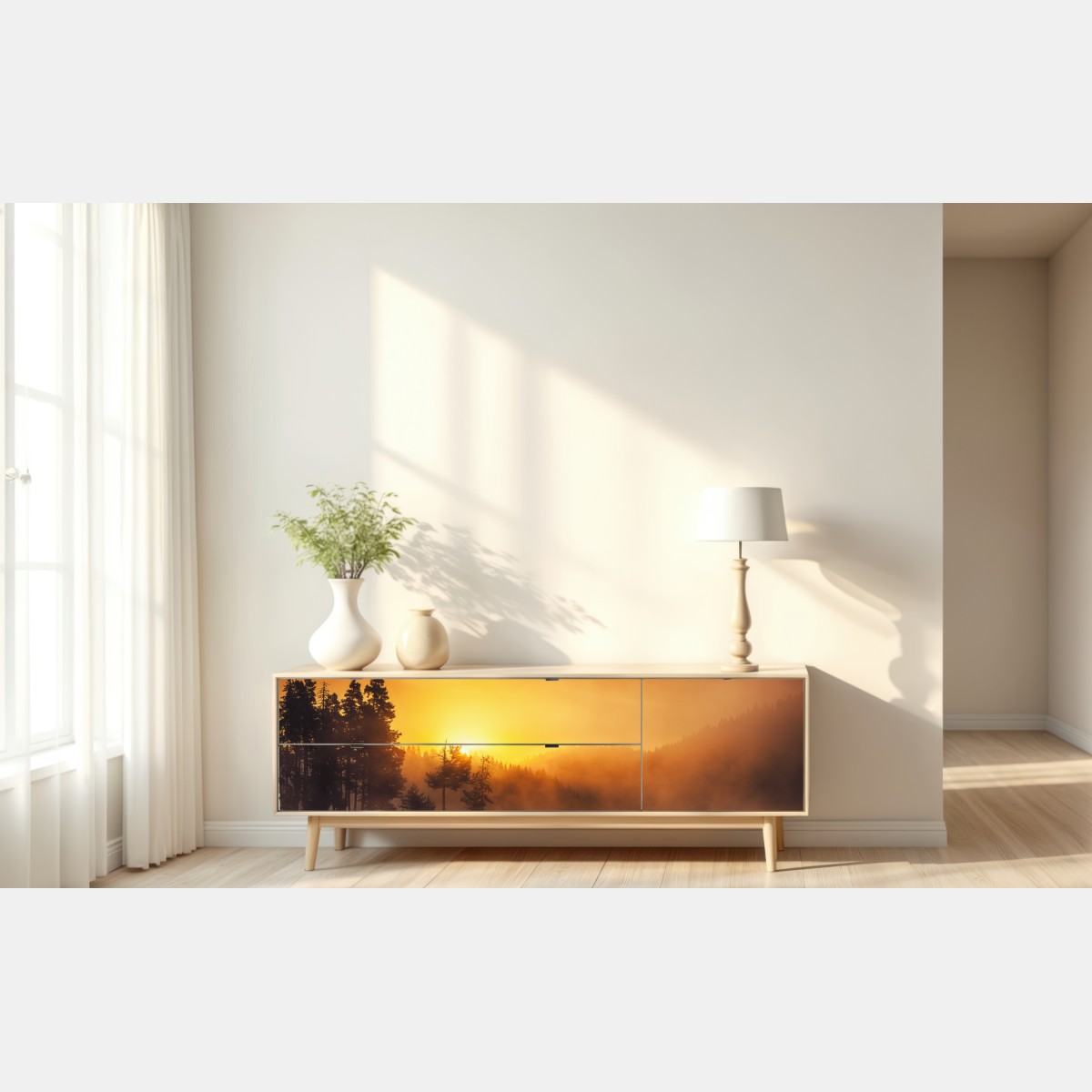 Naklejka repozycjonowalna złoty wschód słońca nad mglistym jeziorem – Wallissimo® Naklejka repozycjonowalna złoty wschód słońca nad mglistym jeziorem – Wallissimo®