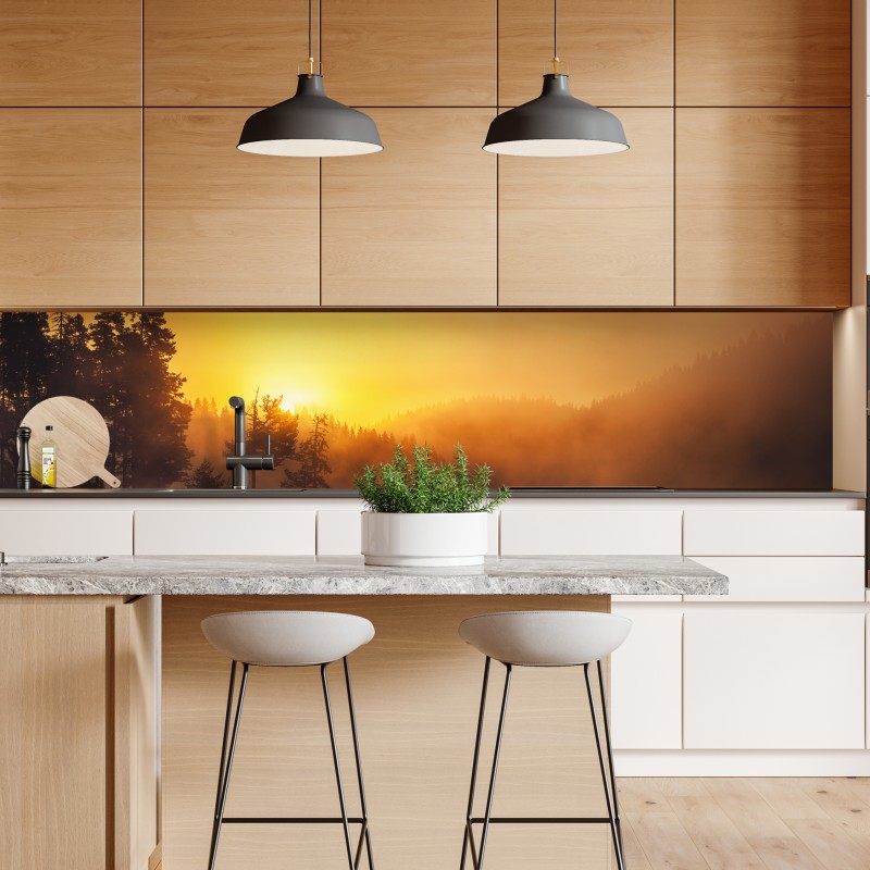 Naklejka repozycjonowalna złoty wschód słońca nad mglistym jeziorem – Wallissimo® Naklejka repozycjonowalna złoty wschód słońca nad mglistym jeziorem – Wallissimo®