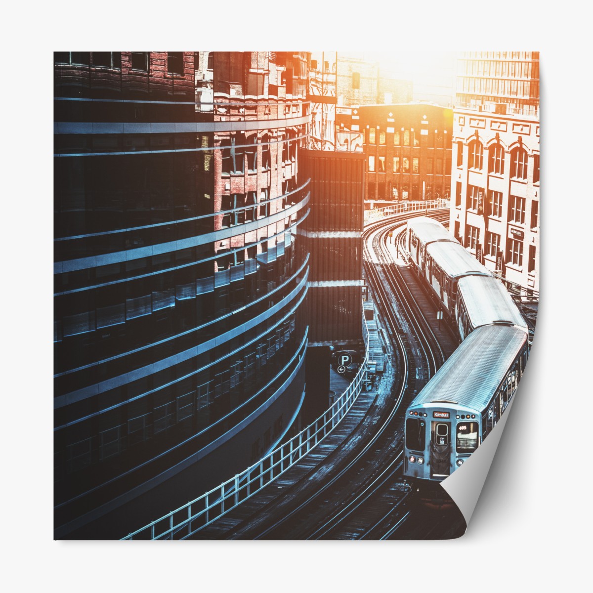 Repositionable sticker Chicago elevated train between buildings
