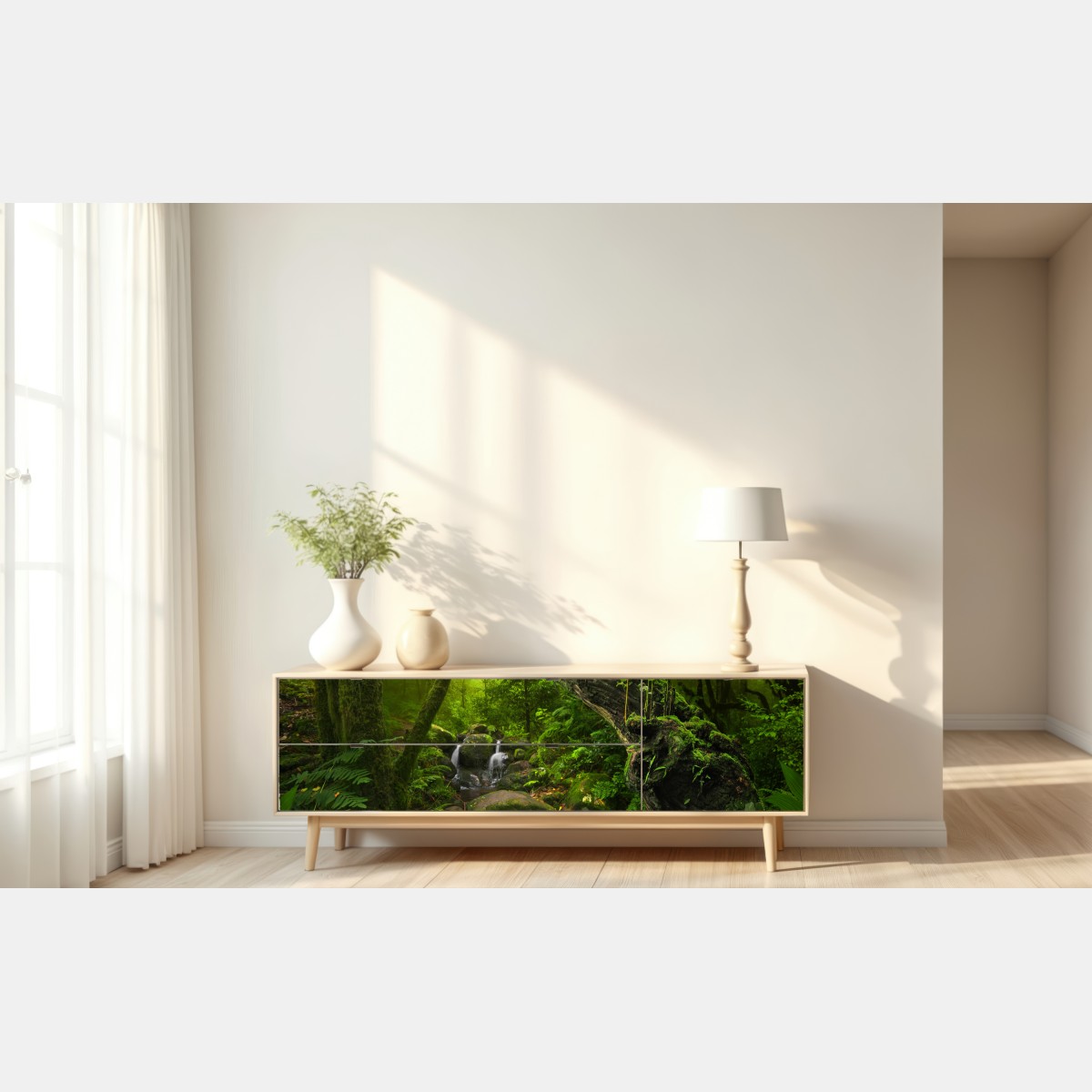 Naklejka repozycjonowalna mchy i strumień w porannym świetle – Wallissimo® Naklejka repozycjonowalna mchy i strumień w porannym świetle – Wallissimo®
