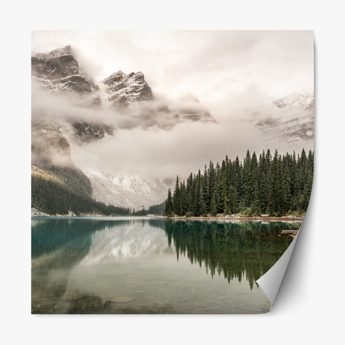 Repositionable sticker misty mountain lake reflection