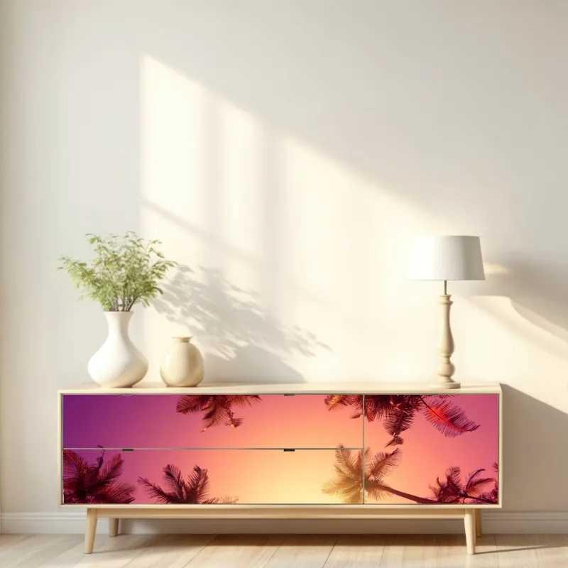 Naklejka repozycjonowalna tropikalny zachód słońca z sylwetkami palm – Wallissimo® Naklejka repozycjonowalna tropikalny zachód słońca z sylwetkami palm – Wallissimo®