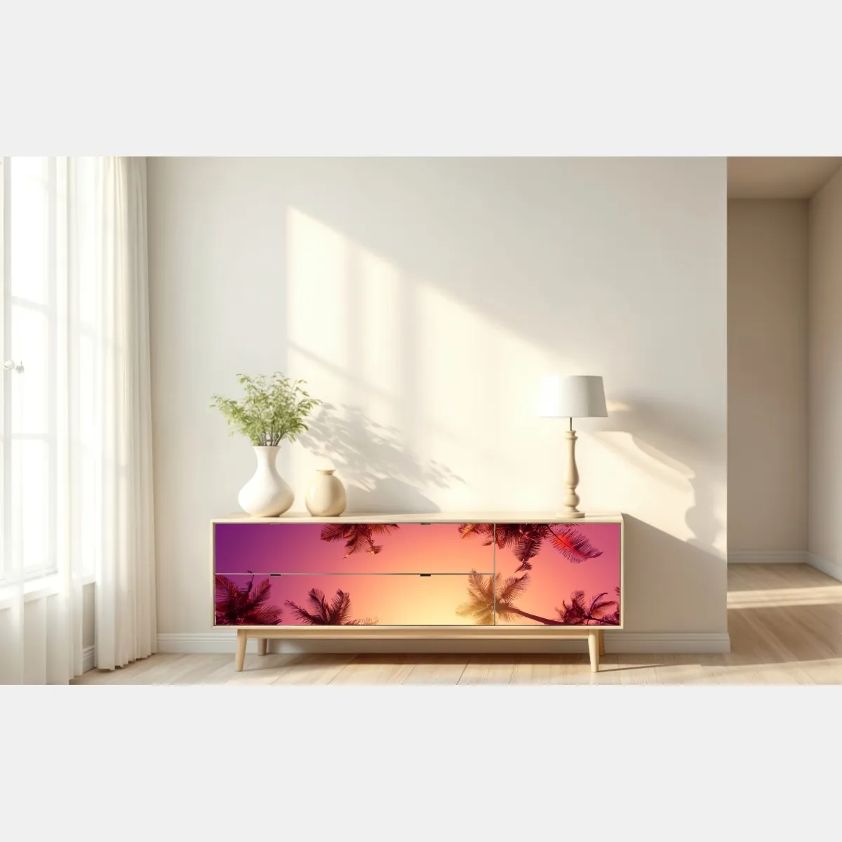 Naklejka repozycjonowalna tropikalny zachód słońca z sylwetkami palm – Wallissimo® Naklejka repozycjonowalna tropikalny zachód słońca z sylwetkami palm – Wallissimo®