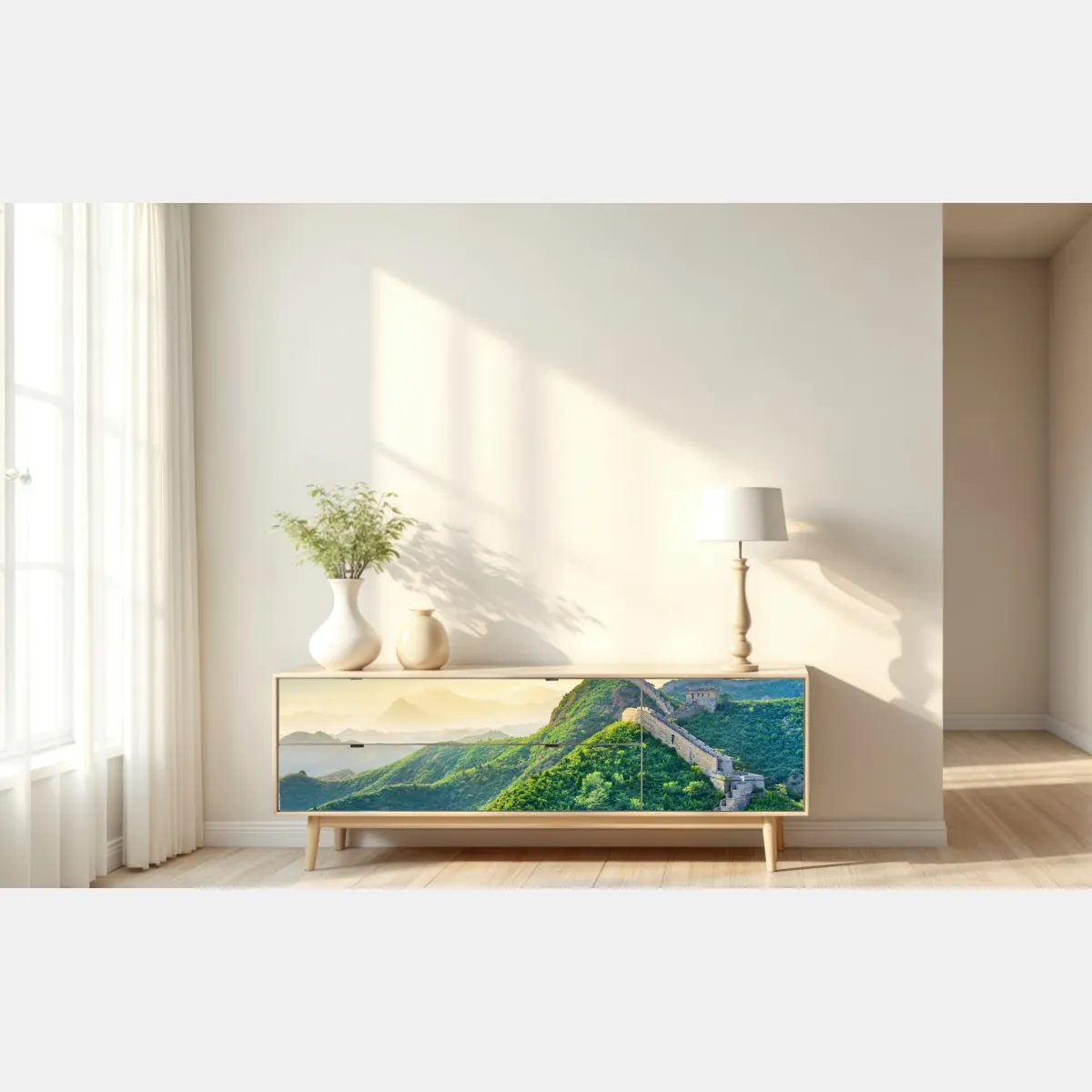 Naklejka repozycjonowalna Wielki Mur o świcie nad zielonymi górami – Wallissimo® Naklejka repozycjonowalna Wielki Mur o świcie nad zielonymi górami – Wallissimo®