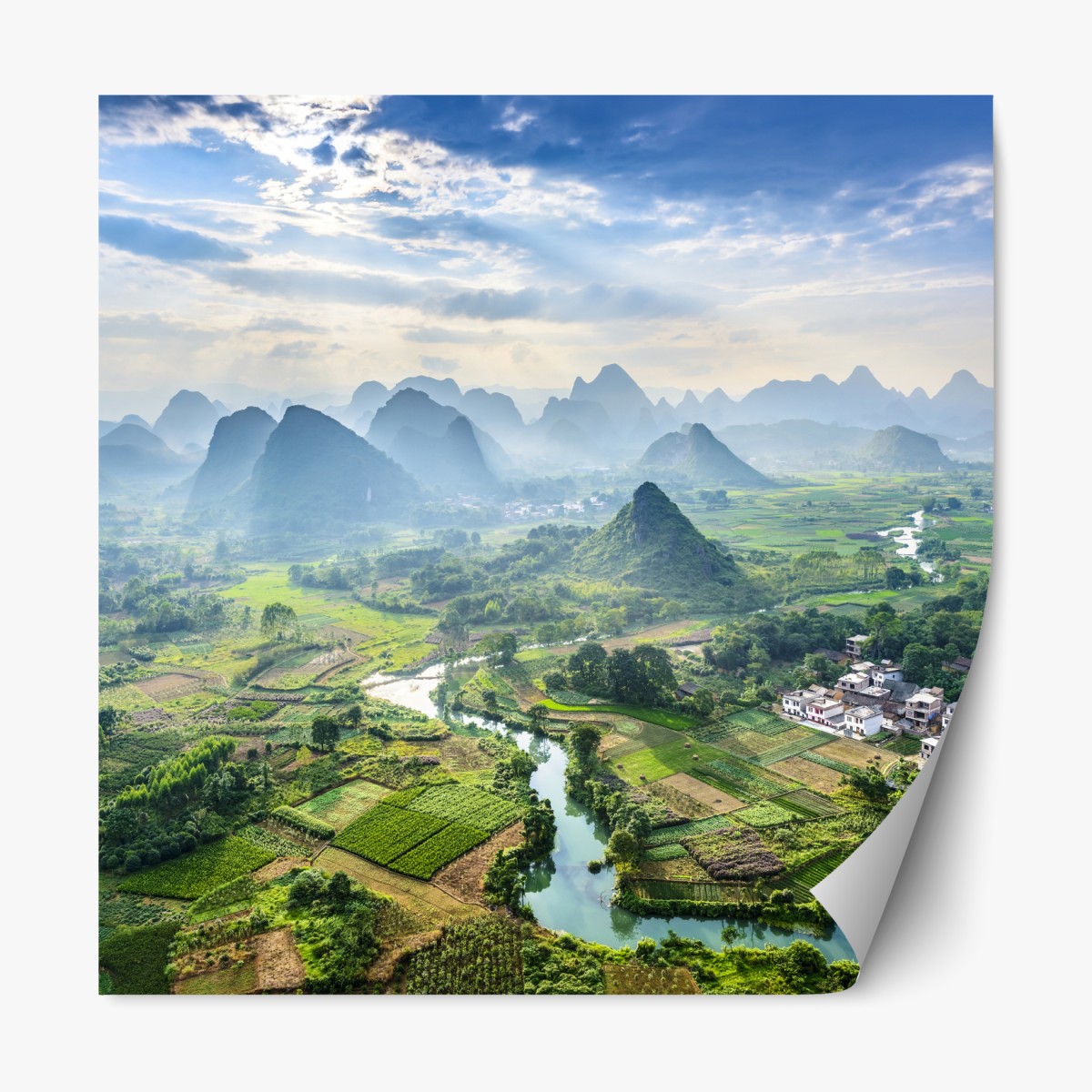 Repositionable sticker misty karst mountain valley at sunrise