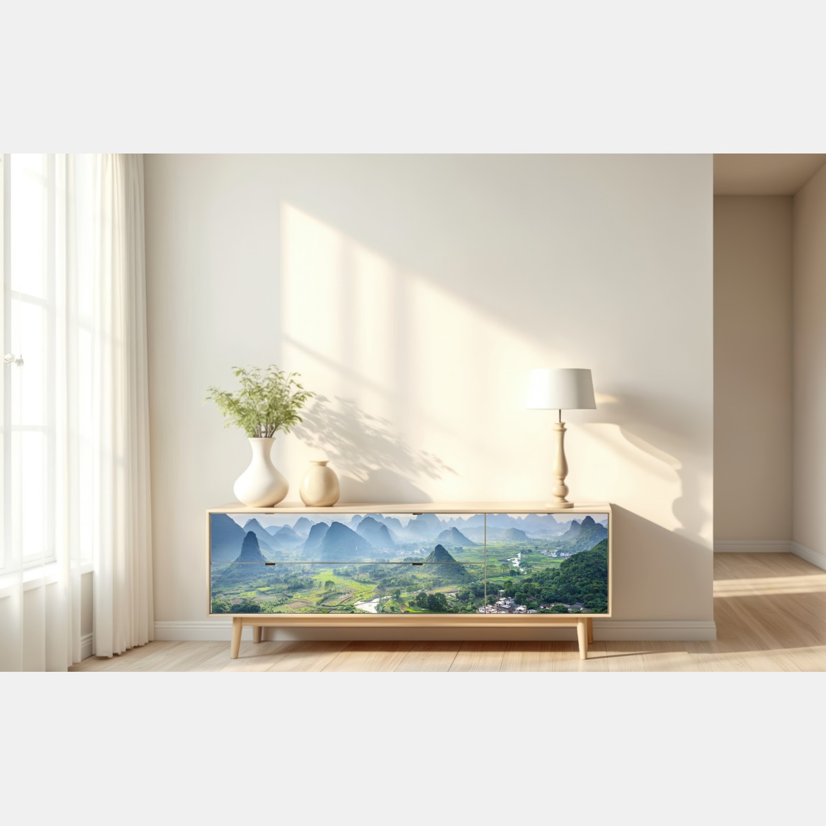 Naklejka repozycjonowalna mglista dolina górska z karstowymi szczytami o świcie – Wallissimo® Naklejka repozycjonowalna mglista dolina górska z karstowymi szczytami o świcie – Wallissimo®