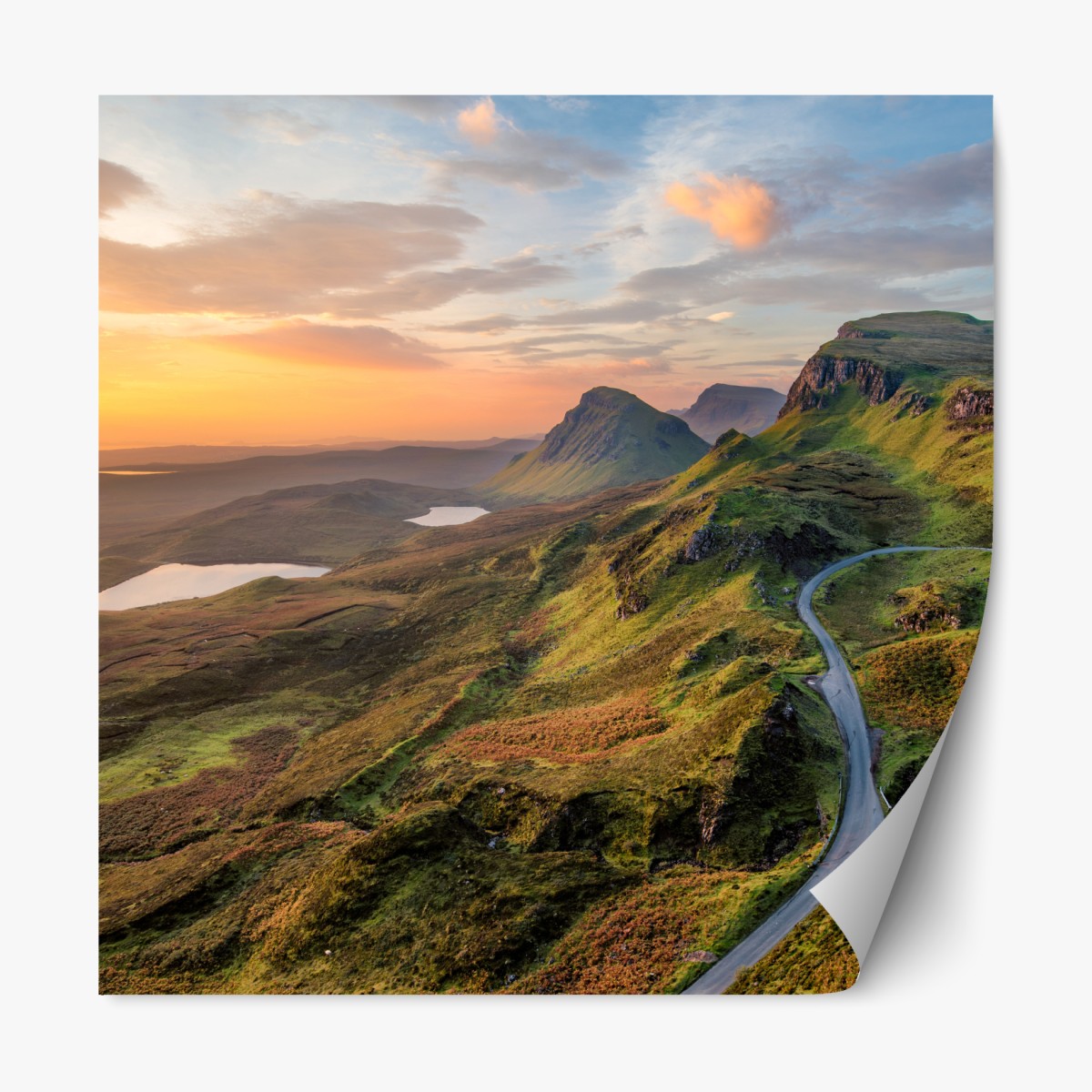 Repositionable sticker sunset over rolling green hills