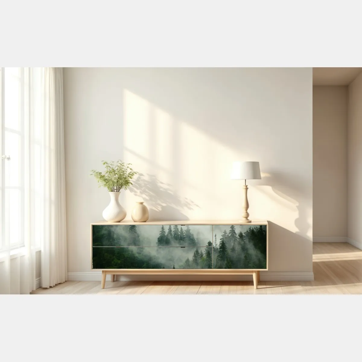 Naklejka repozycjonowalna mglisty iglasty las – Wallissimo® Naklejka repozycjonowalna mglisty iglasty las – Wallissimo®