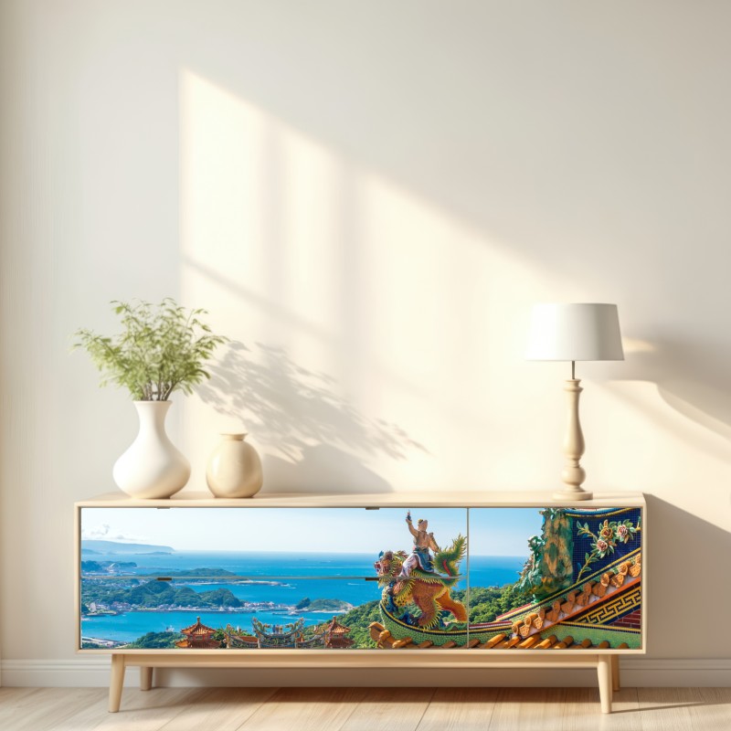 Naklejka repozycjonowalna świątynia z widokiem na wybrzeże Jiufen, Tajwan – Wallissimo® Naklejka repozycjonowalna świątynia z widokiem na wybrzeże Jiufen, Tajwan – Wallissimo®