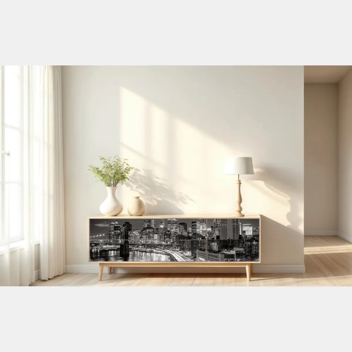 Naklejka repozycjonowalna czarno-biała panorama miasta nocą – Wallissimo® Naklejka repozycjonowalna czarno-biała panorama miasta nocą – Wallissimo®