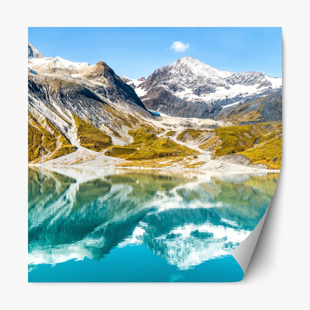 Repositionable sticker serene alpine lake with snow-capped peaks
