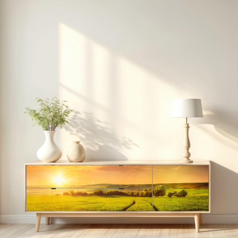 Naklejka repozycjonowalna słoneczna łąka o zachodzie słońca – Wallissimo® Naklejka repozycjonowalna słoneczna łąka o zachodzie słońca – Wallissimo®