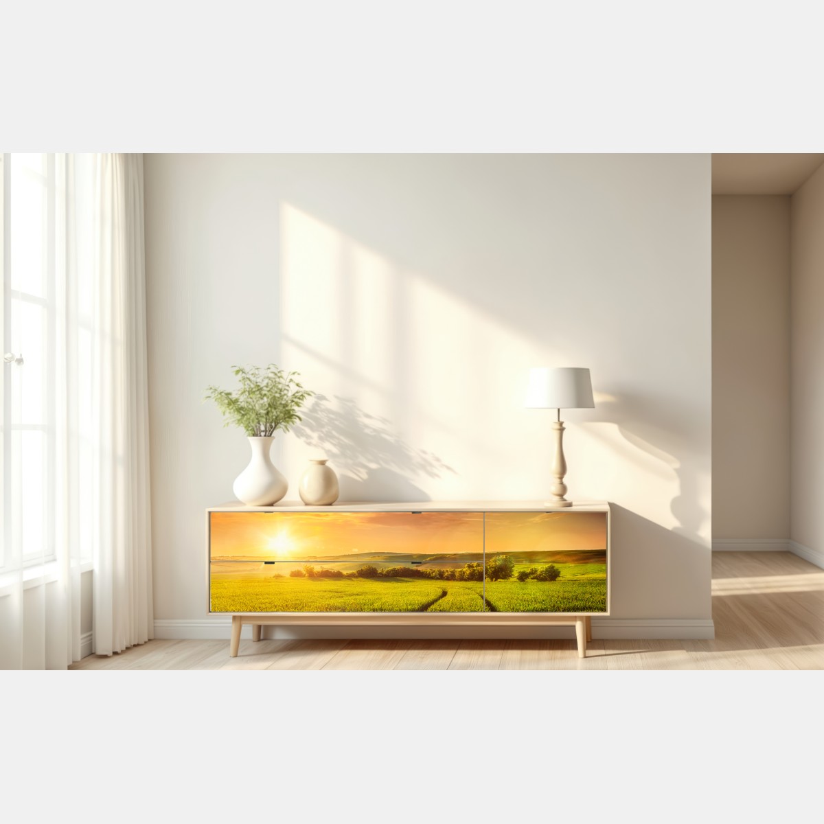 Naklejka repozycjonowalna słoneczna łąka o zachodzie słońca – Wallissimo® Naklejka repozycjonowalna słoneczna łąka o zachodzie słońca – Wallissimo®