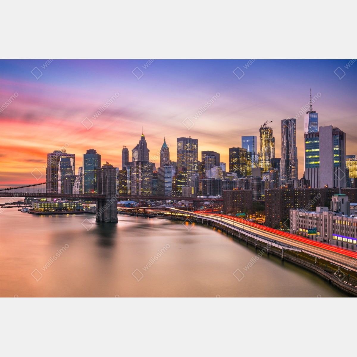 Naklejka repozycjonowalna panorama Nowego Jorku o zachodzie słońca – Wallissimo® Naklejka repozycjonowalna panorama Nowego Jorku o zachodzie słońca – Wallissimo®