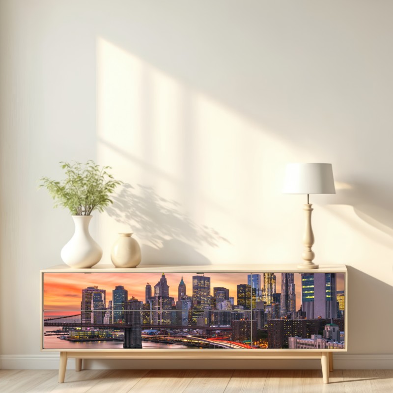 Naklejka repozycjonowalna panorama Nowego Jorku o zachodzie słońca – Wallissimo® Naklejka repozycjonowalna panorama Nowego Jorku o zachodzie słońca – Wallissimo®