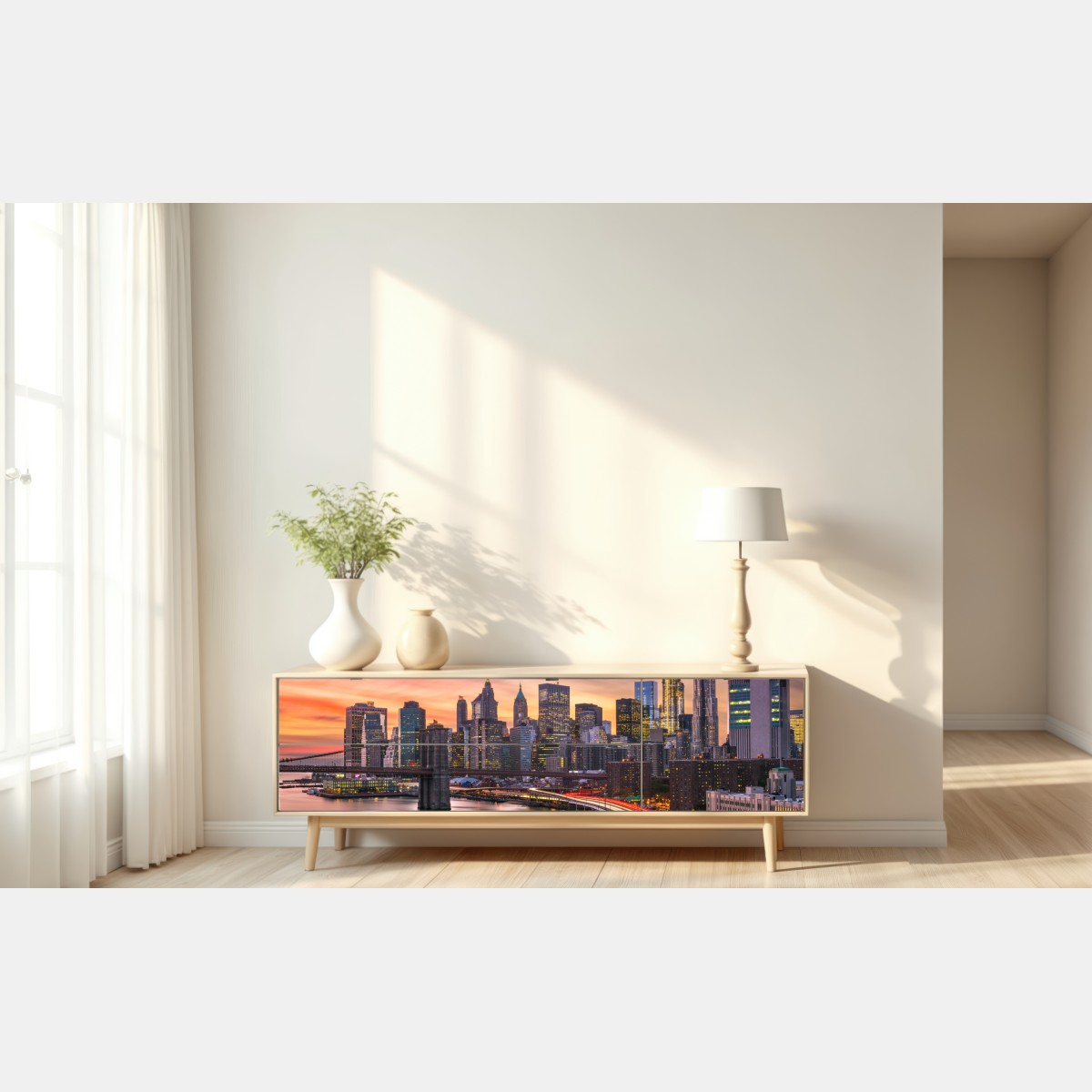 Naklejka repozycjonowalna panorama Nowego Jorku o zachodzie słońca – Wallissimo® Naklejka repozycjonowalna panorama Nowego Jorku o zachodzie słońca – Wallissimo®