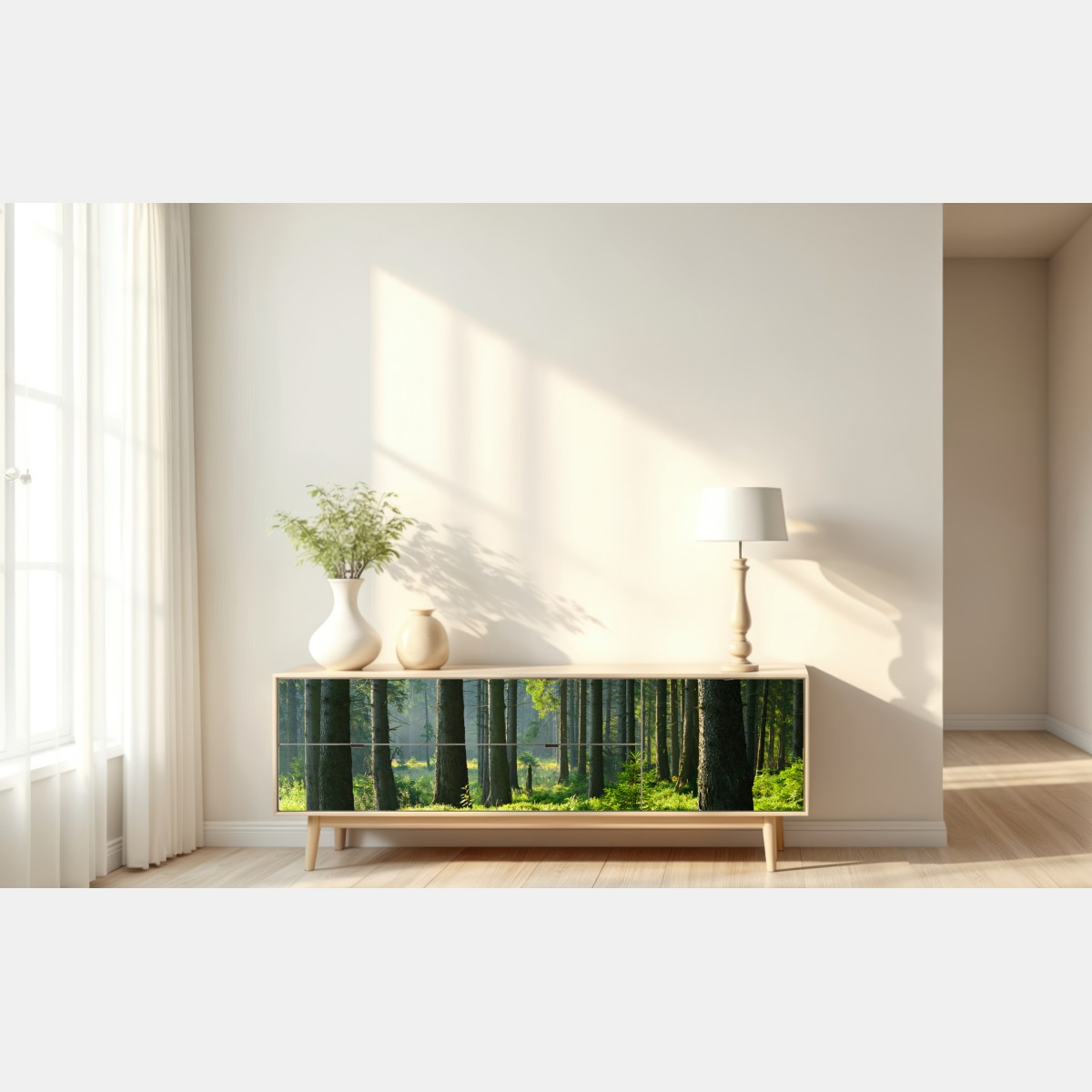 Naklejka repozycjonowalna słoneczna zielona polana w lesie – Wallissimo® Naklejka repozycjonowalna słoneczna zielona polana w lesie – Wallissimo®