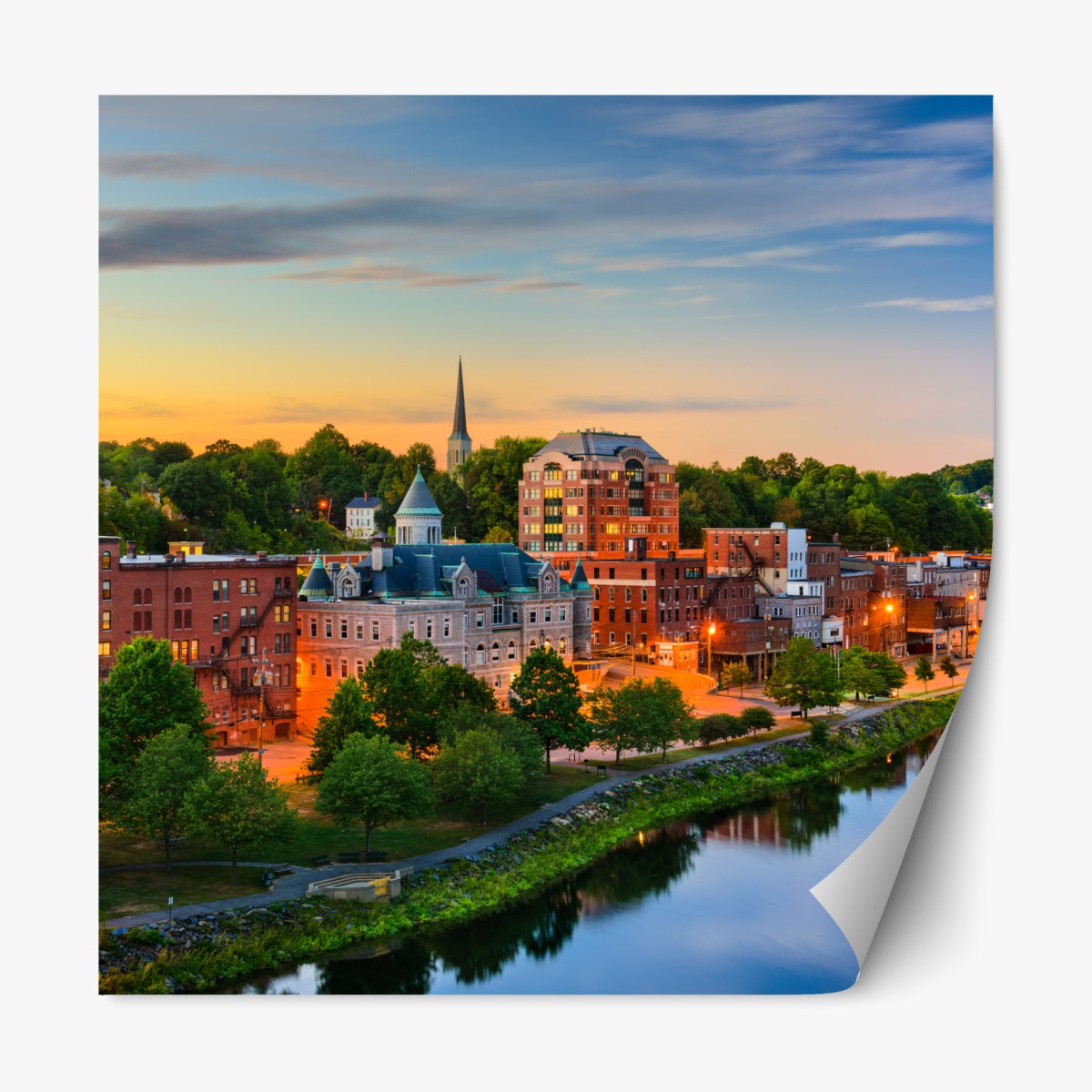 Repositionable sticker Augusta skyline at sunset over the Kennebec River