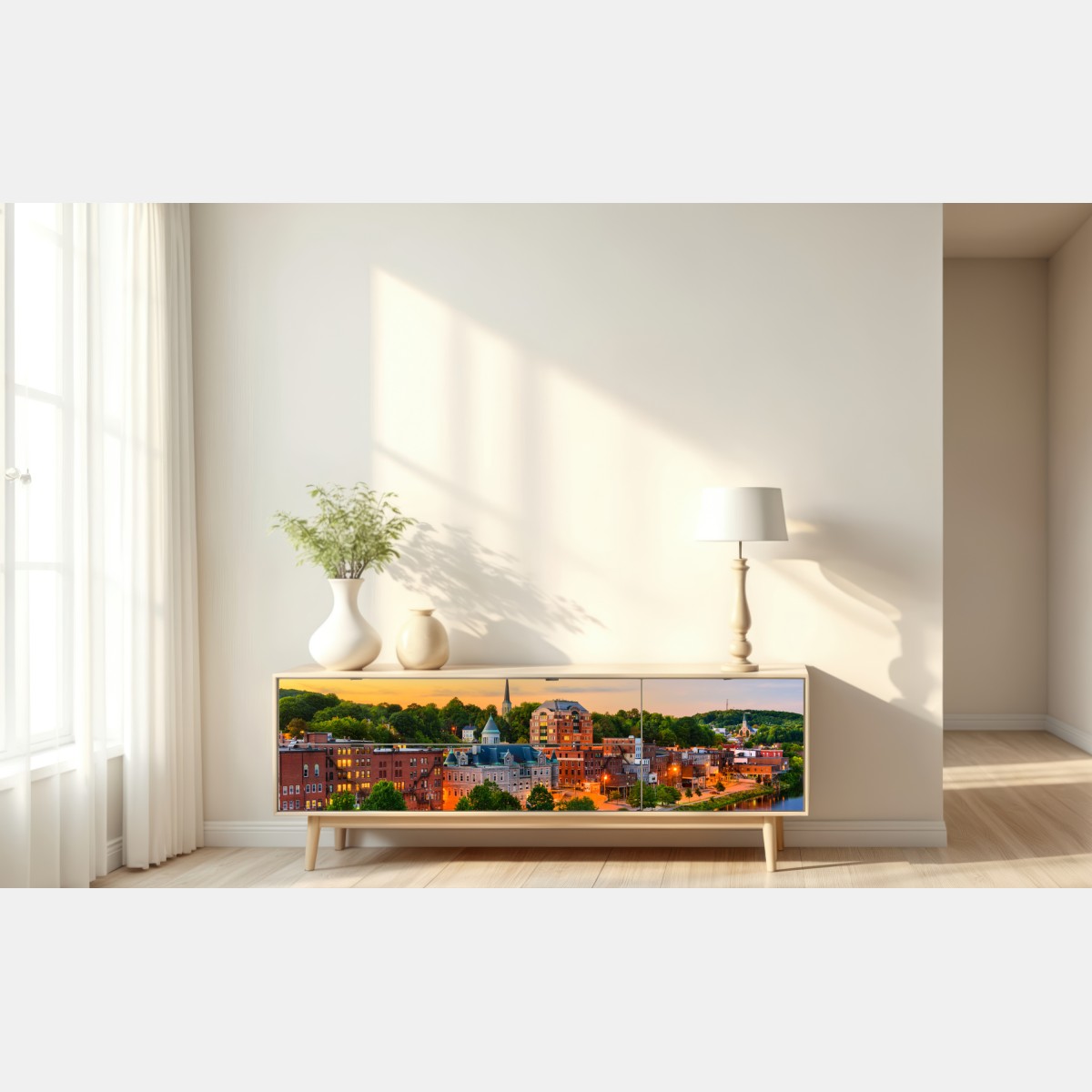 Naklejka repozycjonowalna Augusta panorama miasta przy rzece Kennebec o zachodzie słońca – Wallissimo® Naklejka repozycjonowalna Augusta panorama miasta przy rzece Kennebec o zachodzie słońca – Wallissimo®