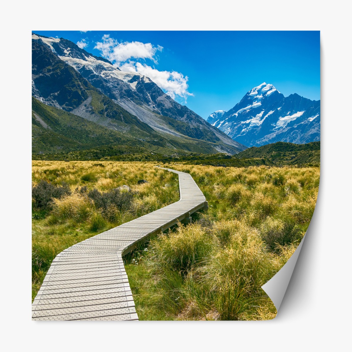 Repositionable sticker alpine boardwalk leading to snow-capped peaks