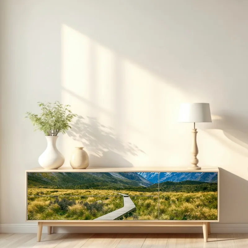 Naklejka repozycjonowalna kładka przez łąkę prowadząca do ośnieżonych szczytów – Wallissimo® Naklejka repozycjonowalna kładka przez łąkę prowadząca do ośnieżonych szczytów – Wallissimo®