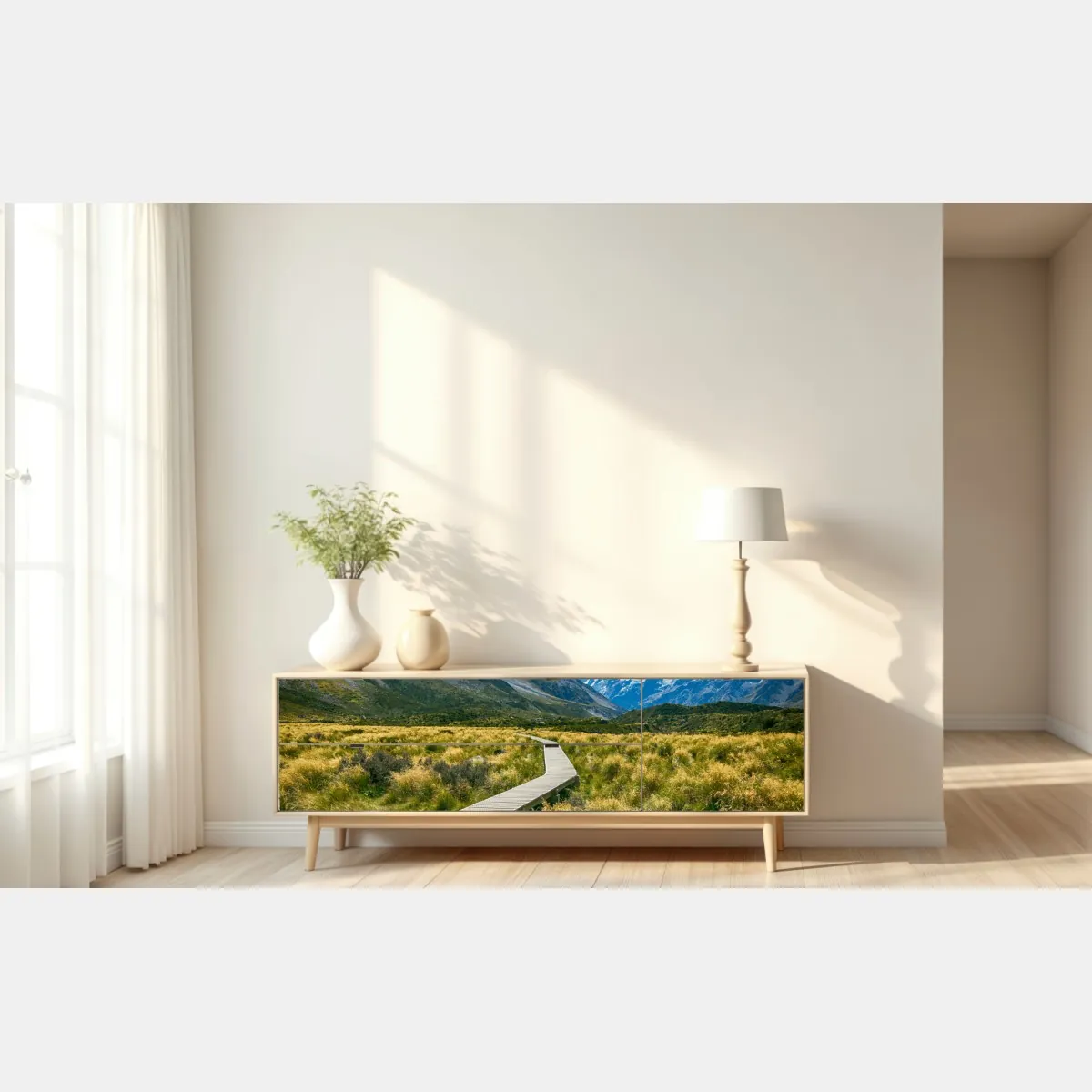 Naklejka repozycjonowalna kładka przez łąkę prowadząca do ośnieżonych szczytów – Wallissimo® Naklejka repozycjonowalna kładka przez łąkę prowadząca do ośnieżonych szczytów – Wallissimo®