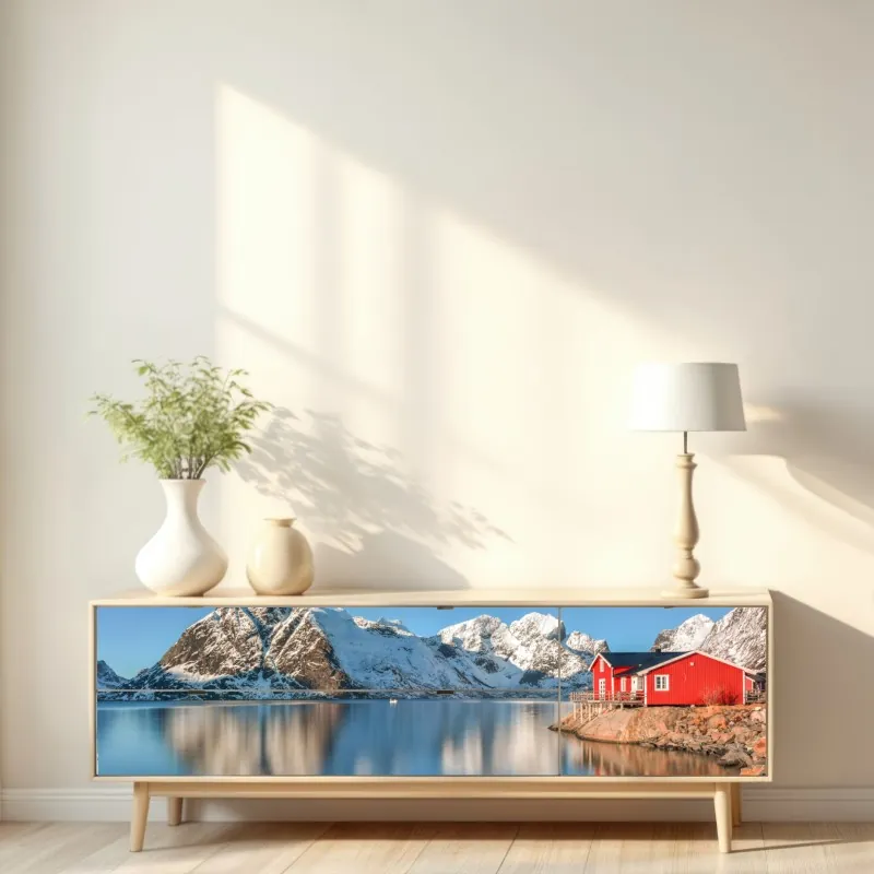 Naklejka repozycjonowalna spokojny zimowy fiord w Reine, Lofoten – Wallissimo® Naklejka repozycjonowalna spokojny zimowy fiord w Reine, Lofoten – Wallissimo®