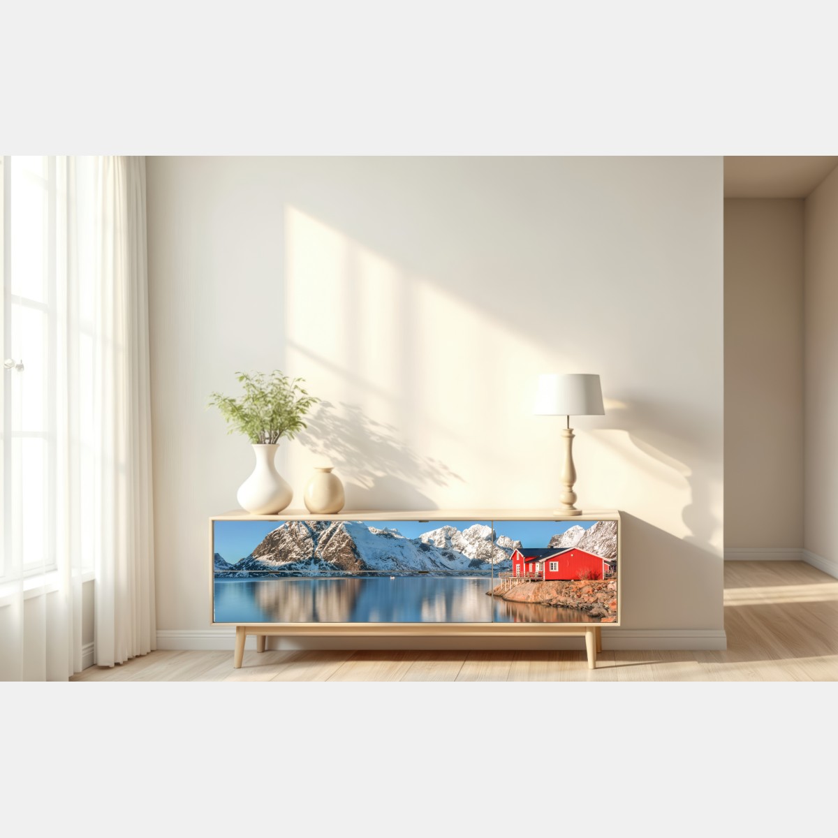 Naklejka repozycjonowalna spokojny zimowy fiord w Reine, Lofoten – Wallissimo® Naklejka repozycjonowalna spokojny zimowy fiord w Reine, Lofoten – Wallissimo®