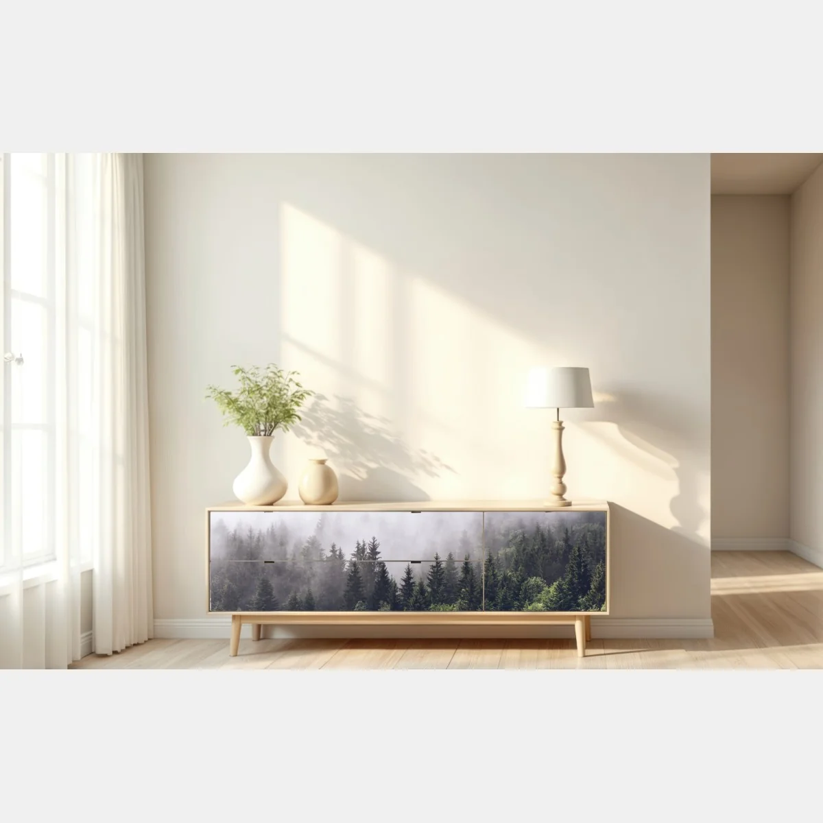 Naklejka repozycjonowalna mglisty las iglasty na górskim zboczu – Wallissimo® Naklejka repozycjonowalna mglisty las iglasty na górskim zboczu – Wallissimo®