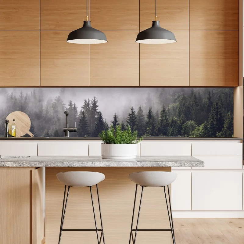 Naklejka repozycjonowalna mglisty las iglasty na górskim zboczu – Wallissimo® Naklejka repozycjonowalna mglisty las iglasty na górskim zboczu – Wallissimo®