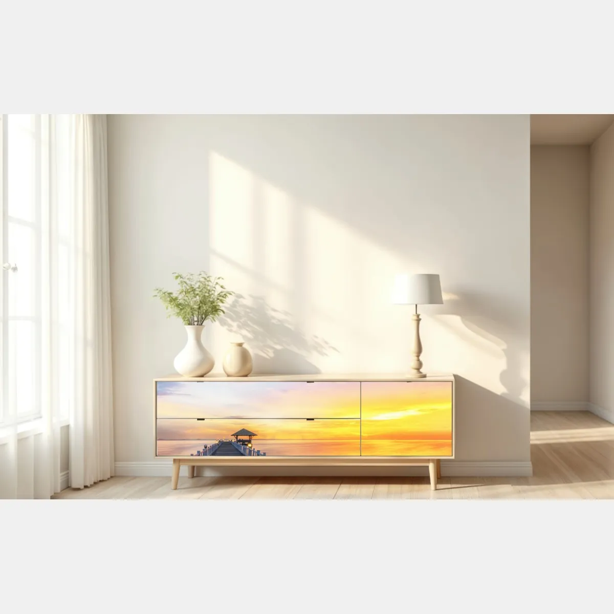 Naklejka repozycjonowalna drewniane molo o wschodzie słońca – Wallissimo® Naklejka repozycjonowalna drewniane molo o wschodzie słońca – Wallissimo®