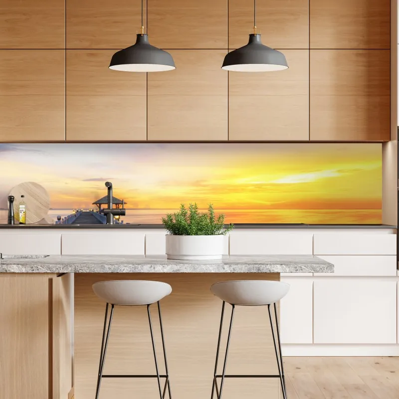 Naklejka repozycjonowalna drewniane molo o wschodzie słońca – Wallissimo® Naklejka repozycjonowalna drewniane molo o wschodzie słońca – Wallissimo®