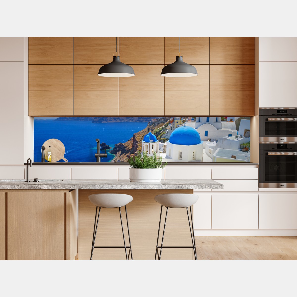 Naklejka repozycjonowalna Santorini błękitne kopuły nad kalderą – Wallissimo® Naklejka repozycjonowalna Santorini błękitne kopuły nad kalderą – Wallissimo®