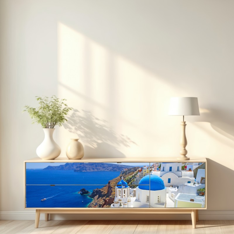 Naklejka repozycjonowalna Santorini błękitne kopuły nad kalderą – Wallissimo® Naklejka repozycjonowalna Santorini błękitne kopuły nad kalderą – Wallissimo®