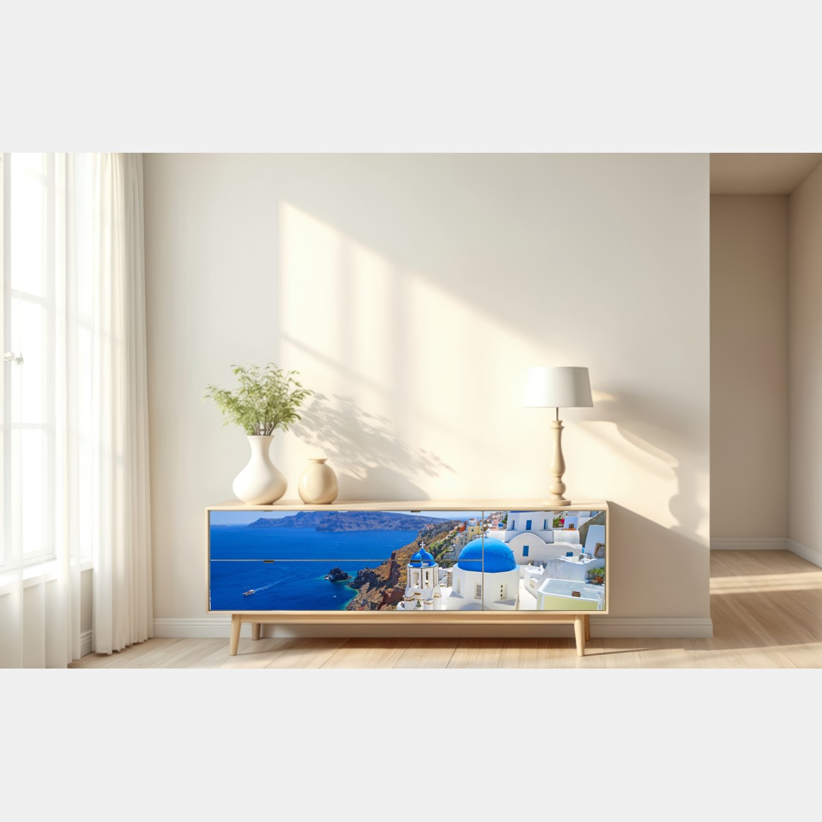 Naklejka repozycjonowalna Santorini błękitne kopuły nad kalderą – Wallissimo® Naklejka repozycjonowalna Santorini błękitne kopuły nad kalderą – Wallissimo®