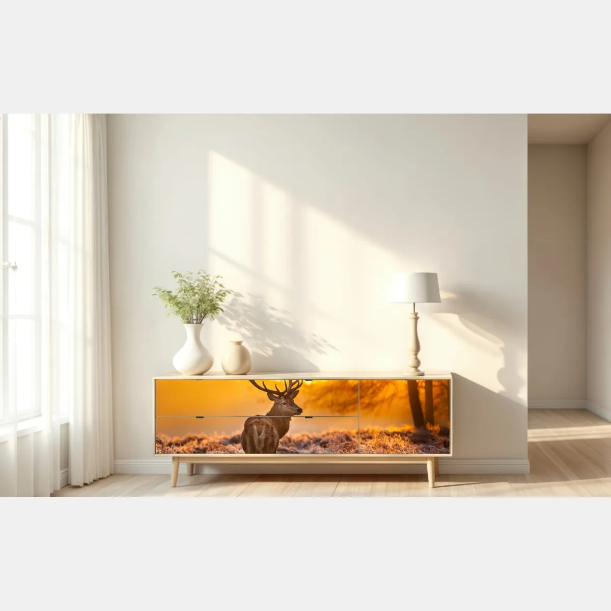 Naklejka repozycjonowalna złoty jeleń o świcie – Wallissimo® Naklejka repozycjonowalna złoty jeleń o świcie – Wallissimo®