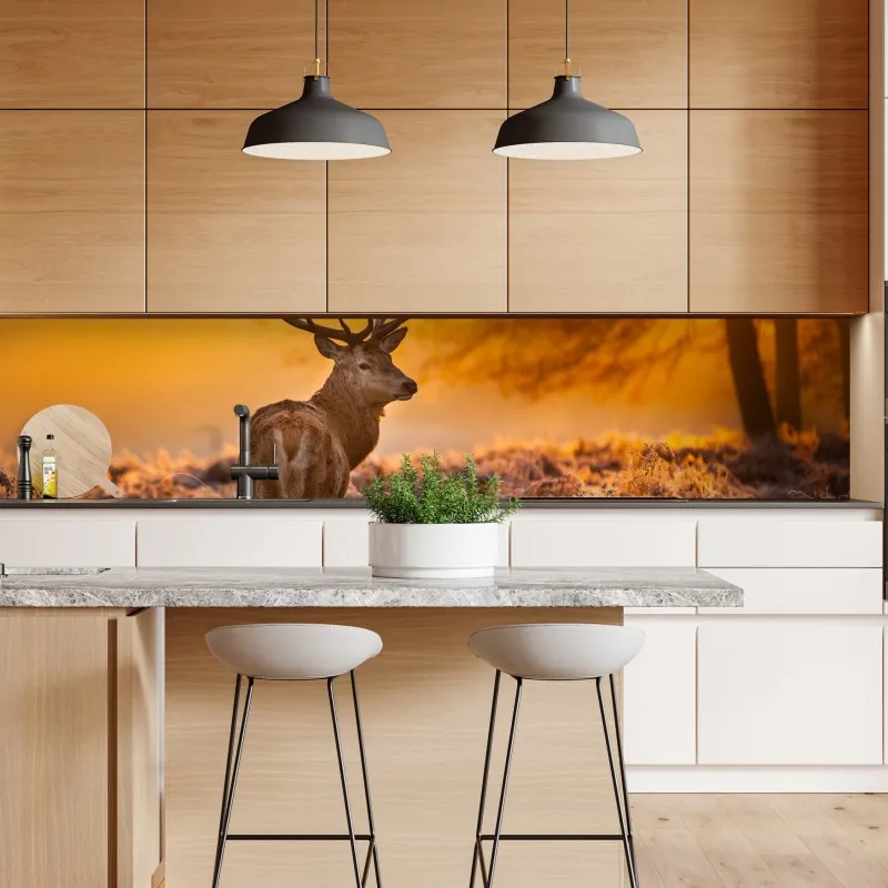 Naklejka repozycjonowalna złoty jeleń o świcie – Wallissimo® Naklejka repozycjonowalna złoty jeleń o świcie – Wallissimo®