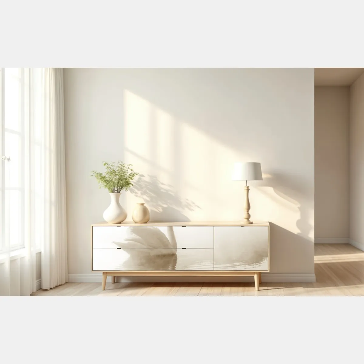 Naklejka repozycjonowalna elegancki łabędź we mgle – Wallissimo® Naklejka repozycjonowalna elegancki łabędź we mgle – Wallissimo®