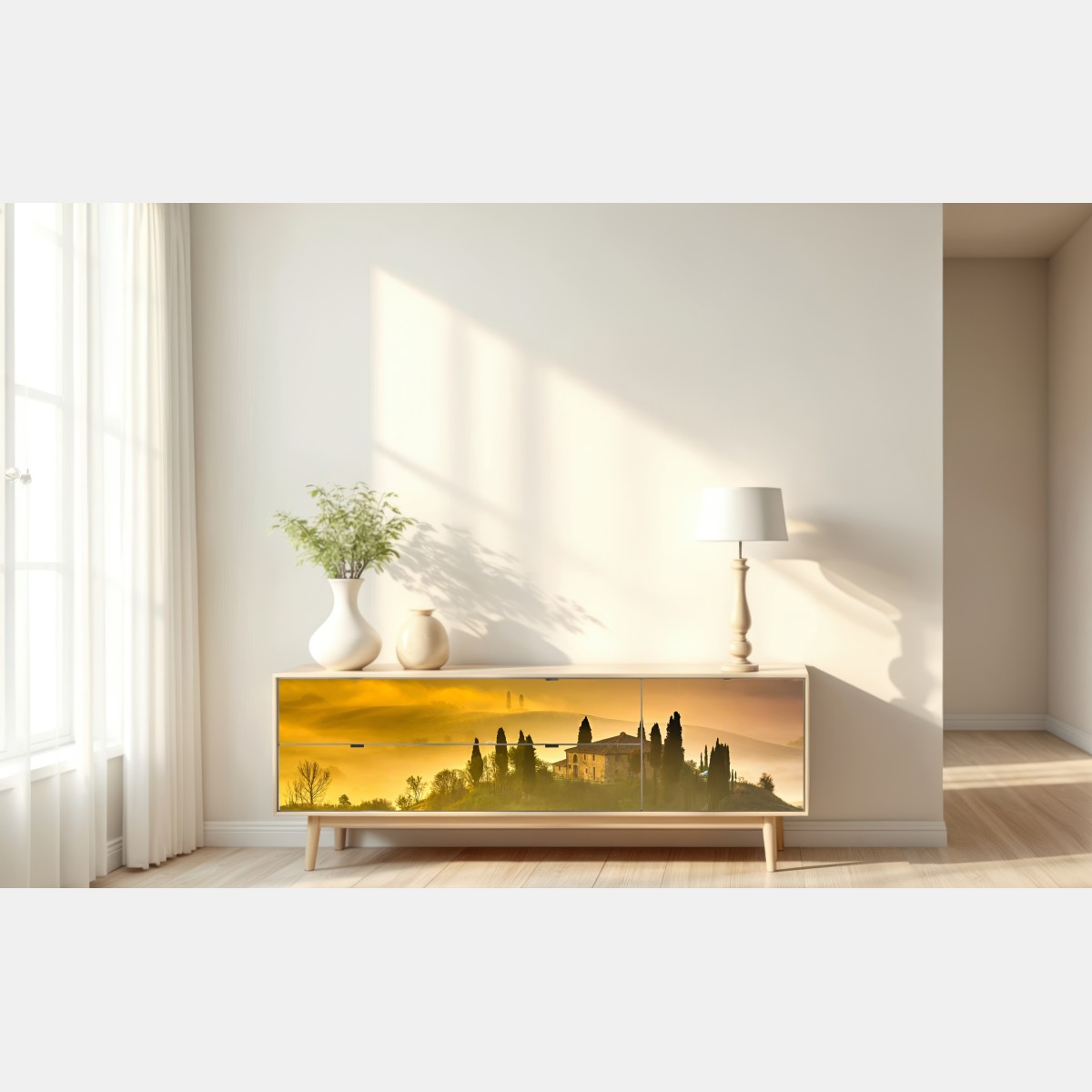 Naklejka repozycjonowalna Toskania o świcie nad złotymi wzgórzami – Wallissimo® Naklejka repozycjonowalna Toskania o świcie nad złotymi wzgórzami – Wallissimo®