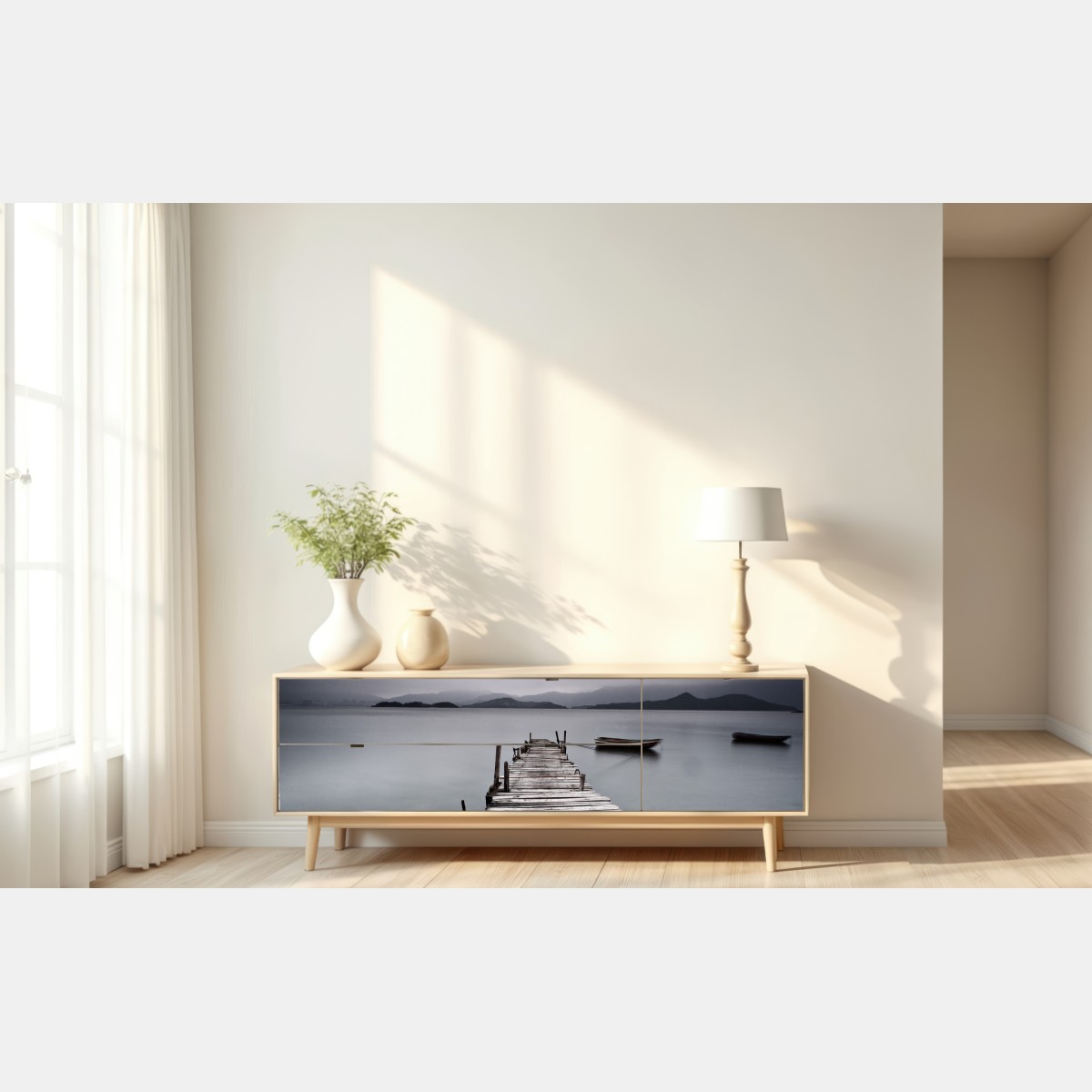 Naklejka repozycjonowalna ciche drewniane molo nad spokojnym morzem – Wallissimo® Naklejka repozycjonowalna ciche drewniane molo nad spokojnym morzem – Wallissimo®