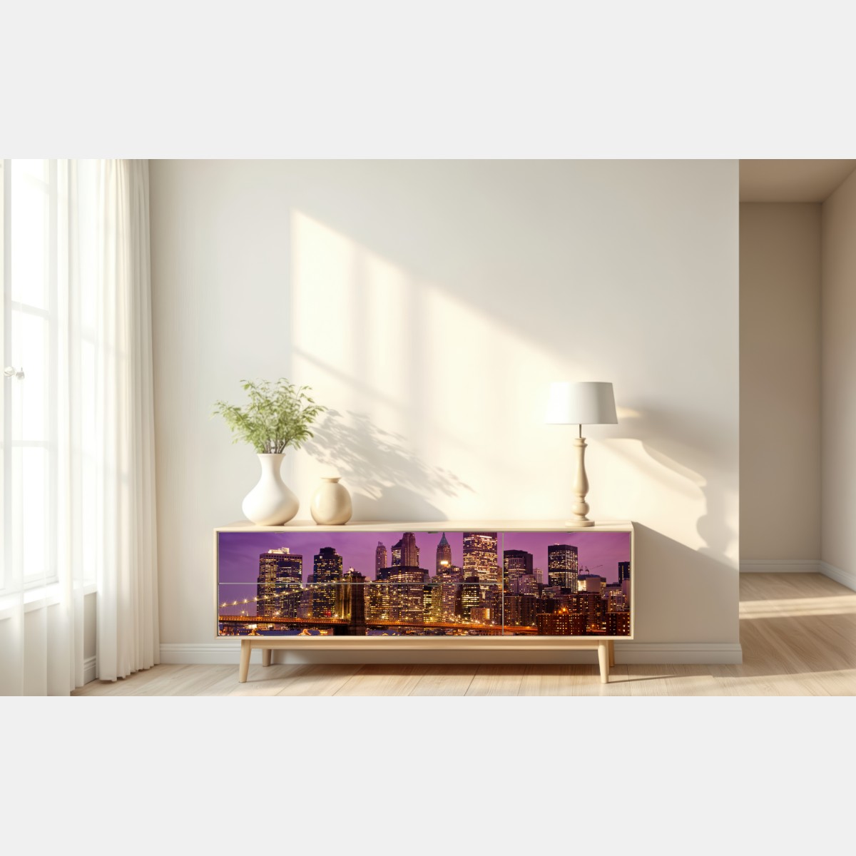 Naklejka repozycjonowalna fioletowa panorama miasta z oświetlonym mostem – Wallissimo® Naklejka repozycjonowalna fioletowa panorama miasta z oświetlonym mostem – Wallissimo®