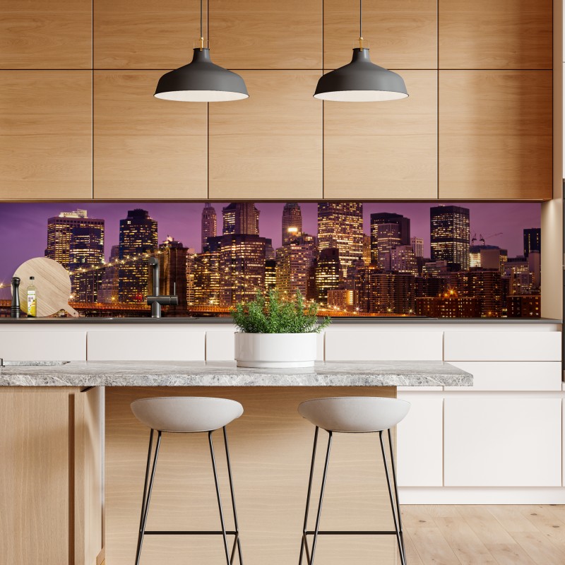 Naklejka repozycjonowalna fioletowa panorama miasta z oświetlonym mostem – Wallissimo® Naklejka repozycjonowalna fioletowa panorama miasta z oświetlonym mostem – Wallissimo®