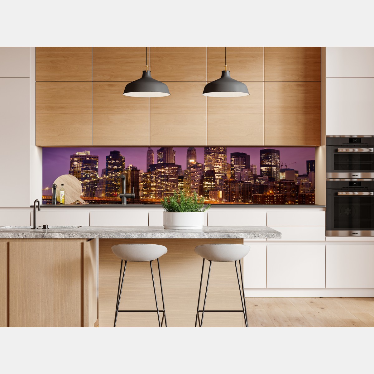 Naklejka repozycjonowalna fioletowa panorama miasta z oświetlonym mostem – Wallissimo® Naklejka repozycjonowalna fioletowa panorama miasta z oświetlonym mostem – Wallissimo®