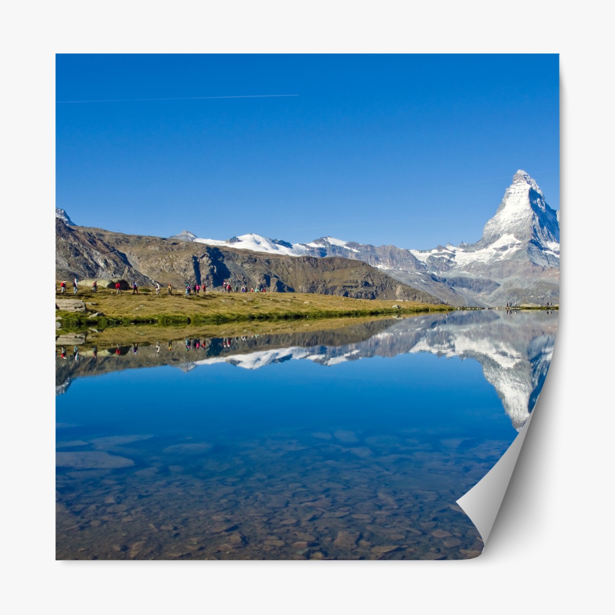 Repositionable sticker alpine mountain reflection over calm lake