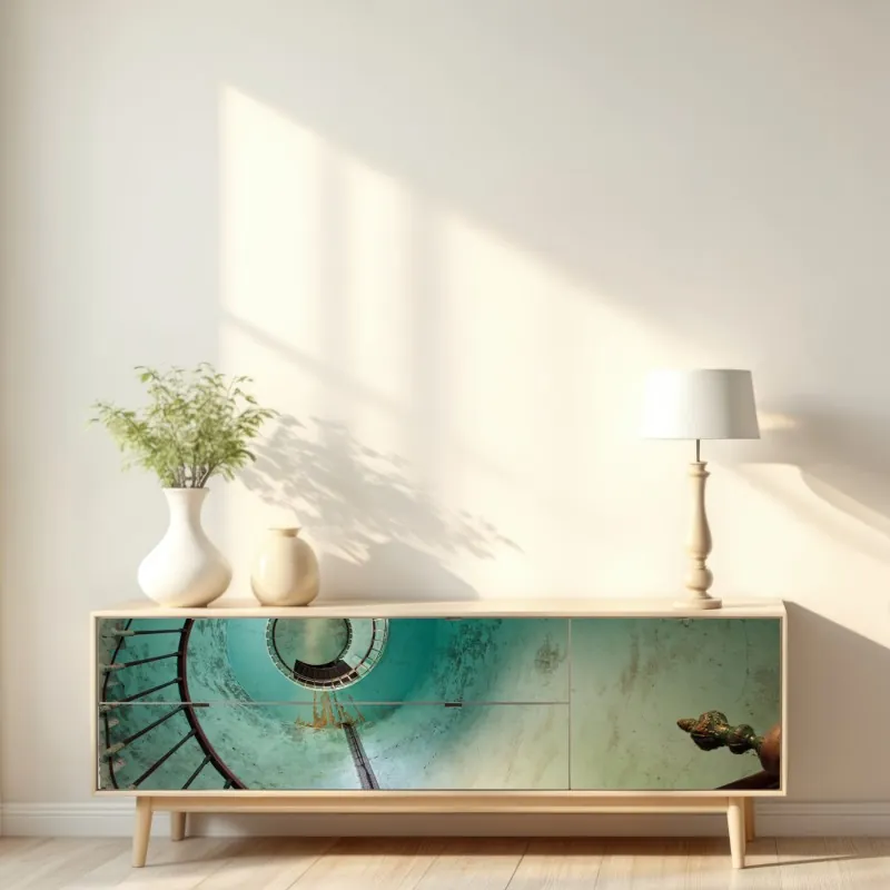 Naklejka repozycjonowalna turkusowa spiralna klatka schodowa w zabytkowym wnętrzu – Wallissimo® Naklejka repozycjonowalna turkusowa spiralna klatka schodowa w zabytkowym wnętrzu – Wallissimo®