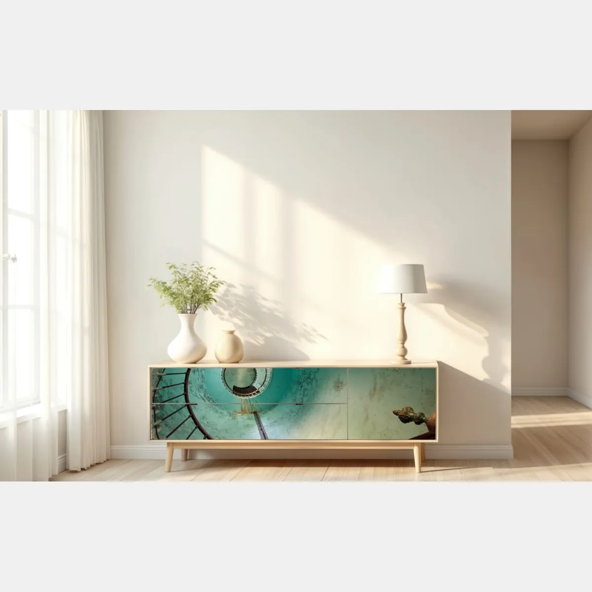 Naklejka repozycjonowalna turkusowa spiralna klatka schodowa w zabytkowym wnętrzu – Wallissimo® Naklejka repozycjonowalna turkusowa spiralna klatka schodowa w zabytkowym wnętrzu – Wallissimo®