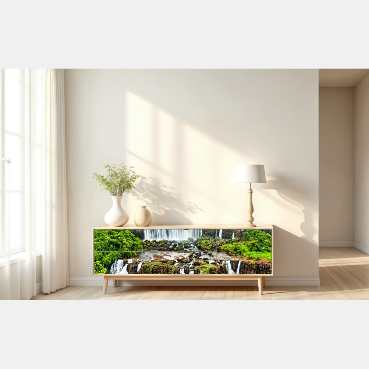 Naklejka repozycjonowalna panorama bujnego zielonego wodospadu – Wallissimo® Naklejka repozycjonowalna panorama bujnego zielonego wodospadu – Wallissimo®