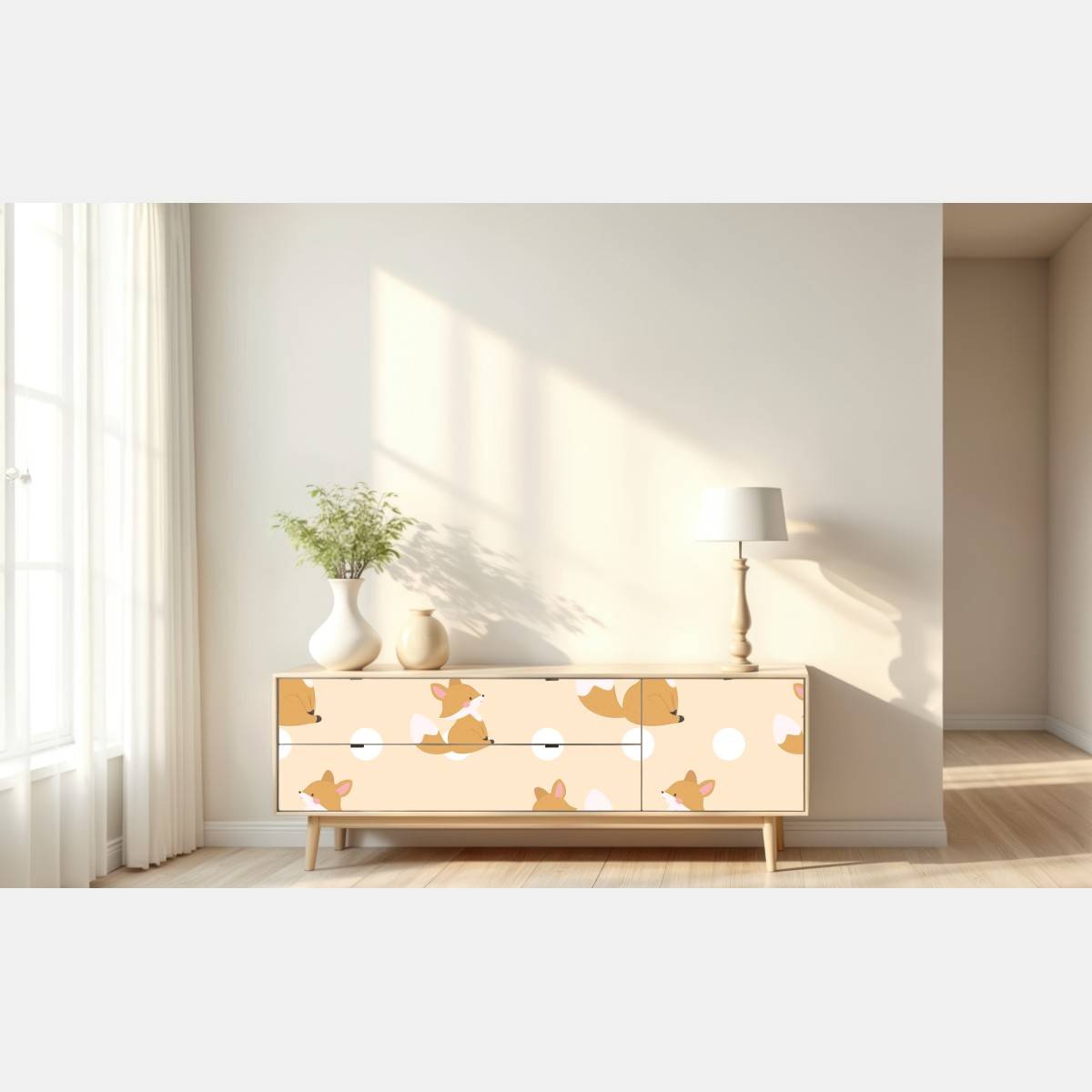 Naklejka repozycjonowalna wzór z uroczymi lisami w pastelowym beżu – Wallissimo® Naklejka repozycjonowalna wzór z uroczymi lisami w pastelowym beżu – Wallissimo®