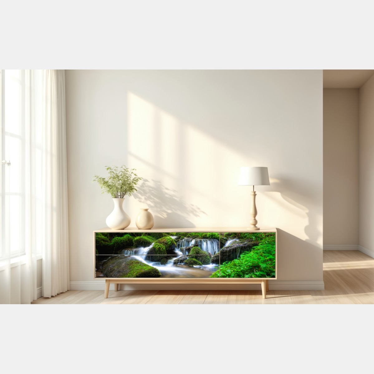 Naklejka repozycjonowalna spokojny mechowy wodospad w lesie – Wallissimo® Naklejka repozycjonowalna spokojny mechowy wodospad w lesie – Wallissimo®