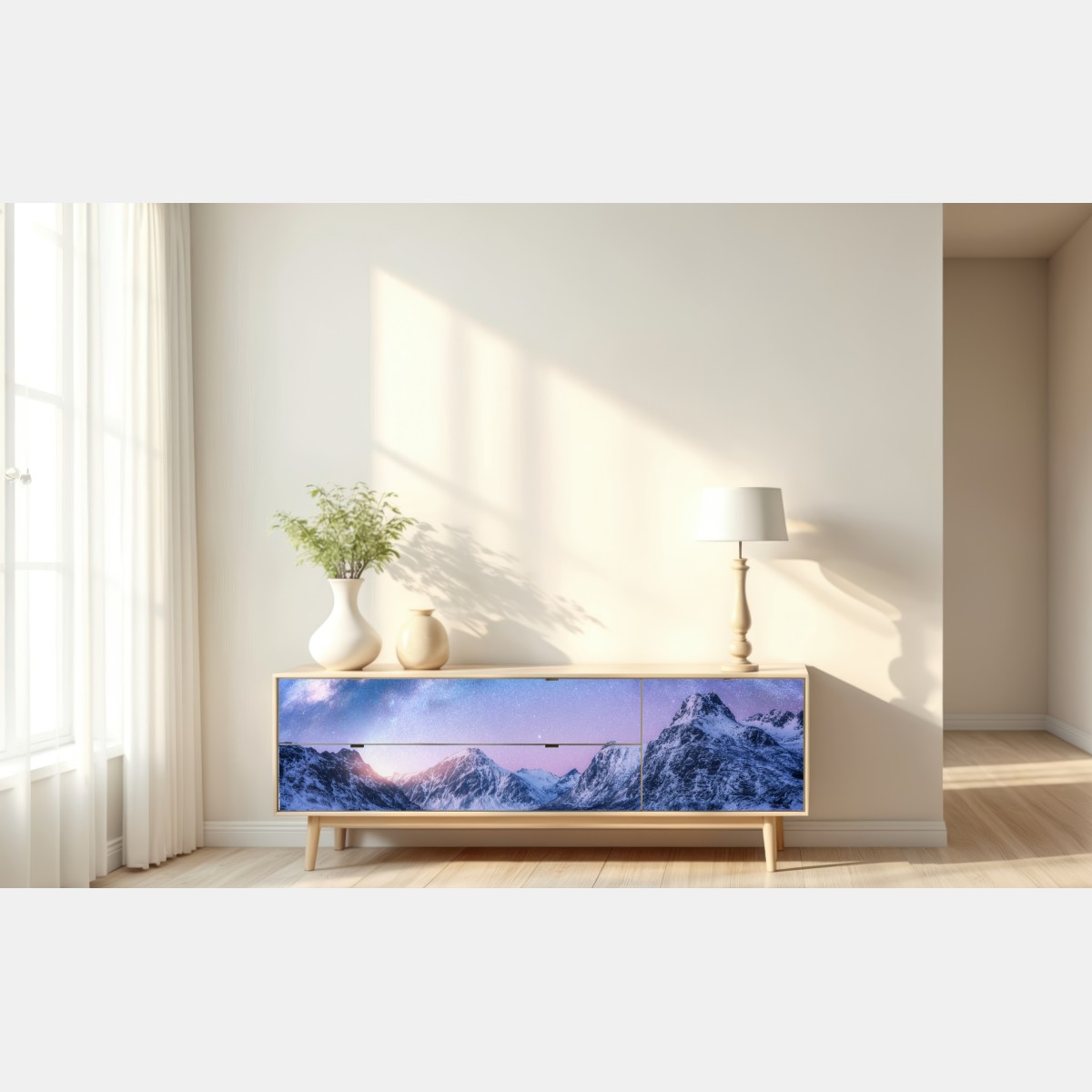 Naklejka repozycjonowalna spokojna arktyczna noc w górach pod drogą mleczną – Wallissimo® Naklejka repozycjonowalna spokojna arktyczna noc w górach pod drogą mleczną – Wallissimo®